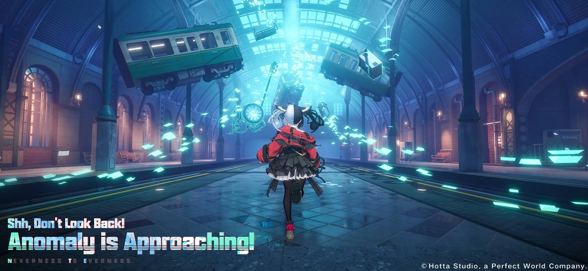 Neverness to Everness artwork showing a character running through a station setting affected by supernatural anomalies.