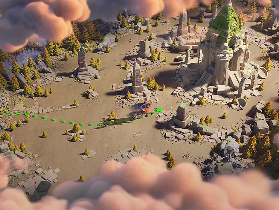 Rise of Kingdoms in-game map scene showing ruins, terrain, and units moving through an open area.