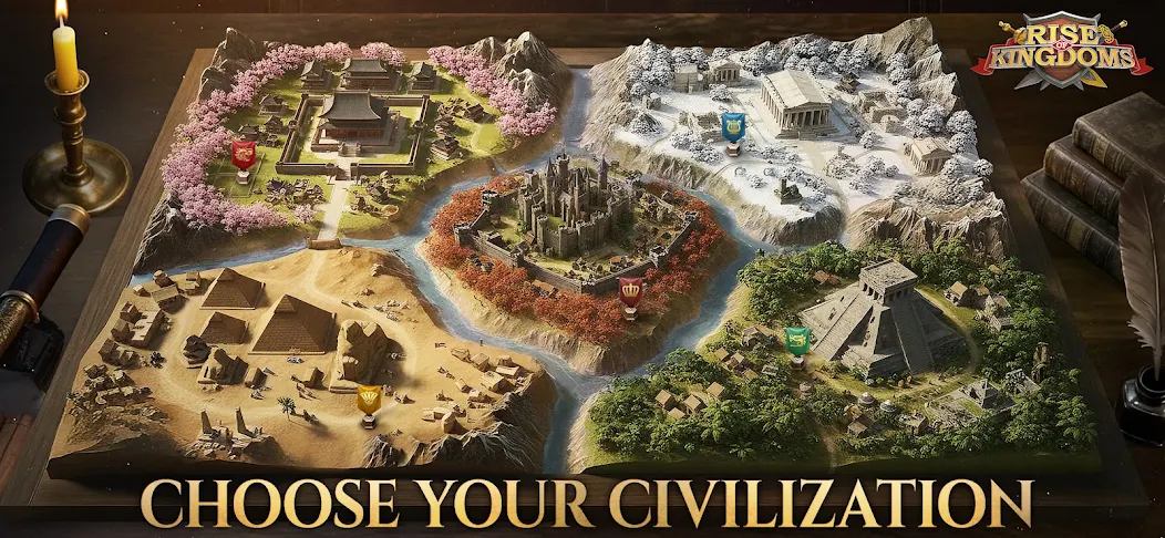 Rise of Kingdoms artwork showing four historical civilisation environments around a central city.