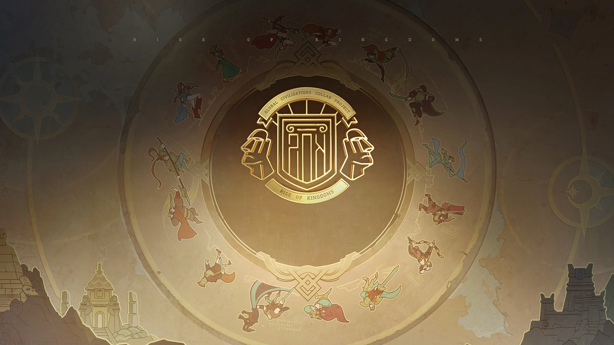 Rise of Kingdoms artwork showing historical figures around a central emblem over an illustrated world-map background.
