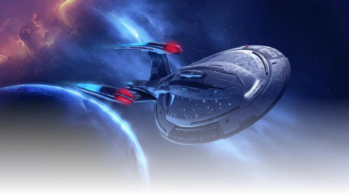 Star Trek Fleet Command artwork showing a starship flying above a blue planet.
