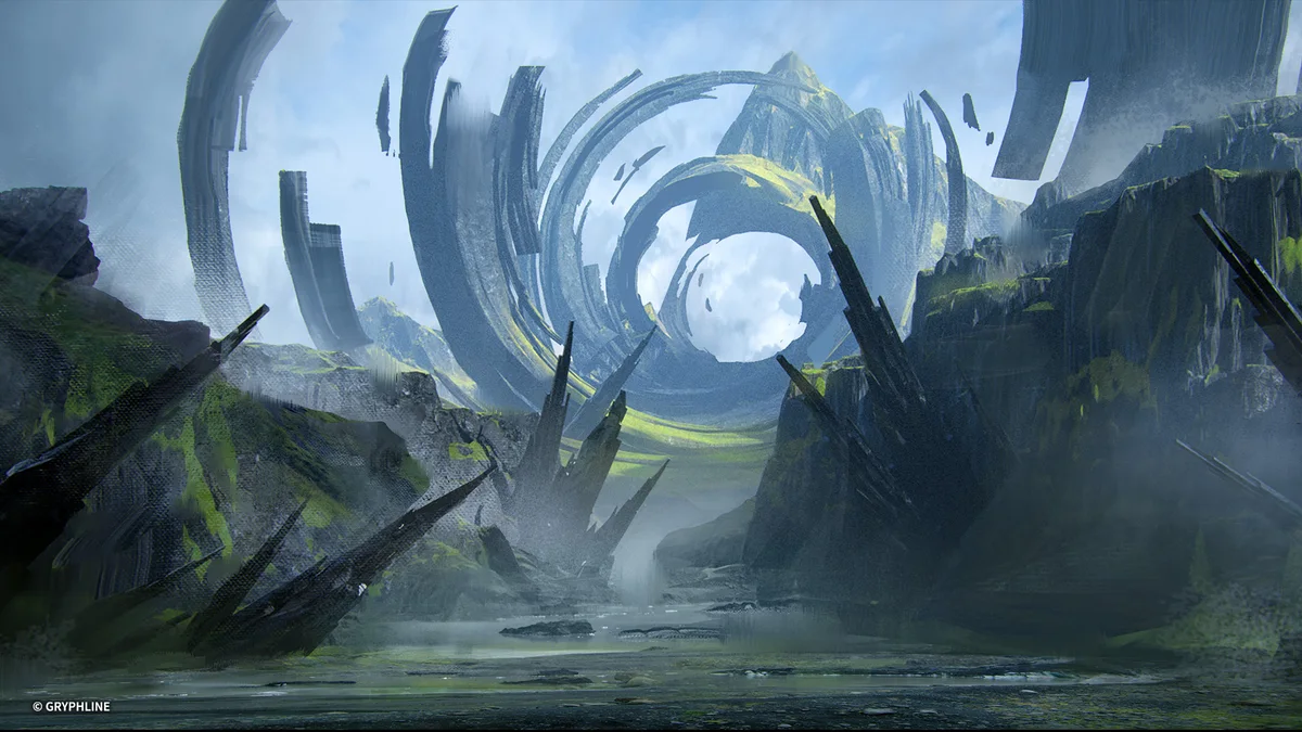 Arknights: Endfield landscape with a circular ruin over a misty valley.