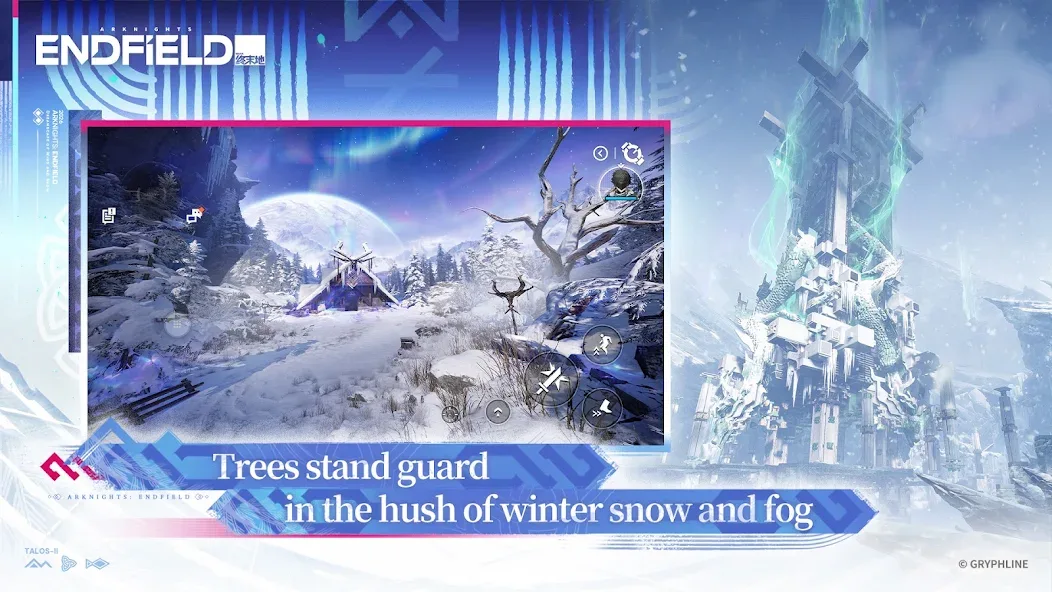 Arknights: Endfield official screenshot showing Talos-II exploration in a snowy sci-fi environment.