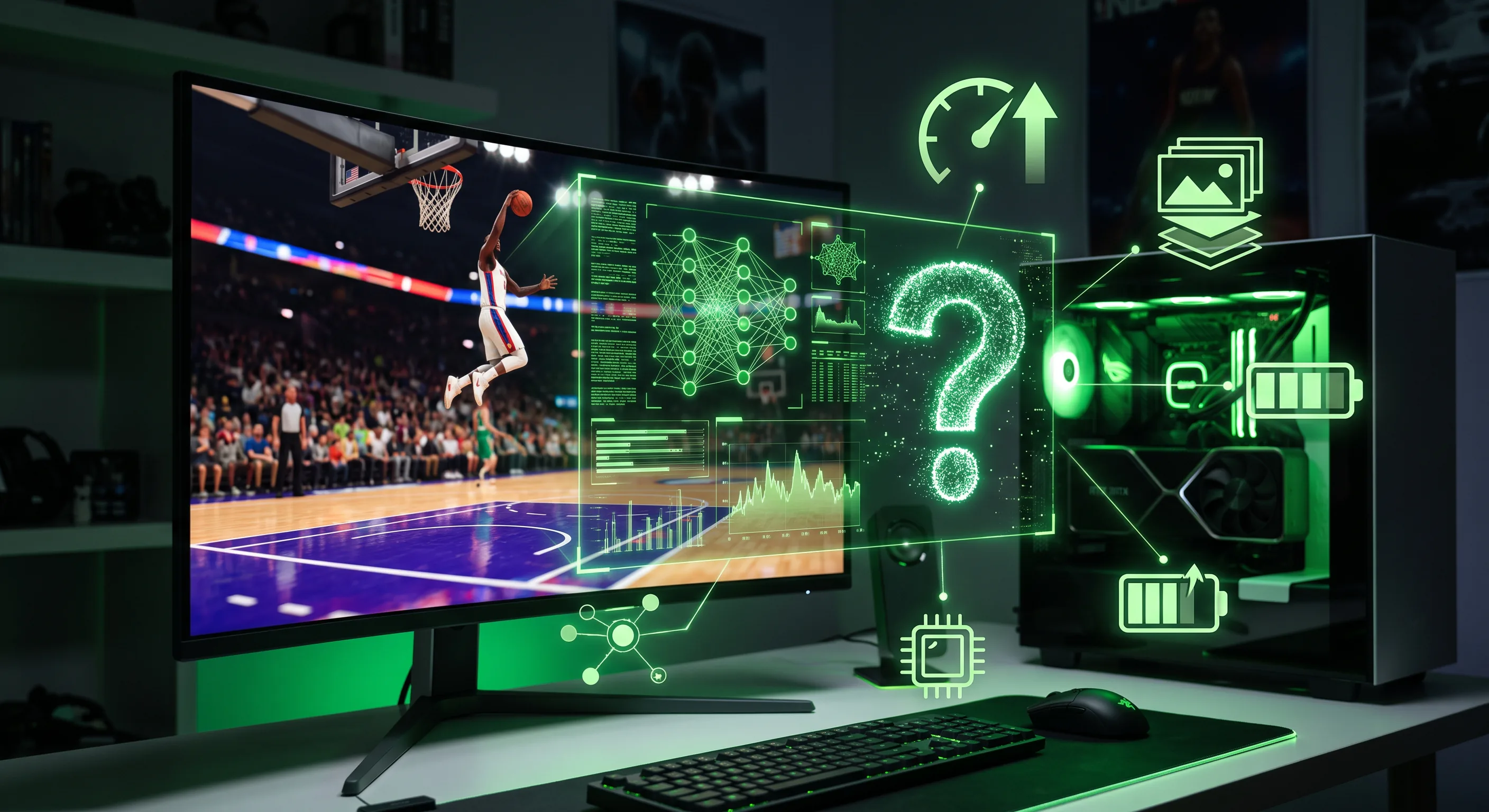 Gaming monitor showing NBA 2K27 basketball visuals beside neural-rendering graphics and an RTX graphics card.