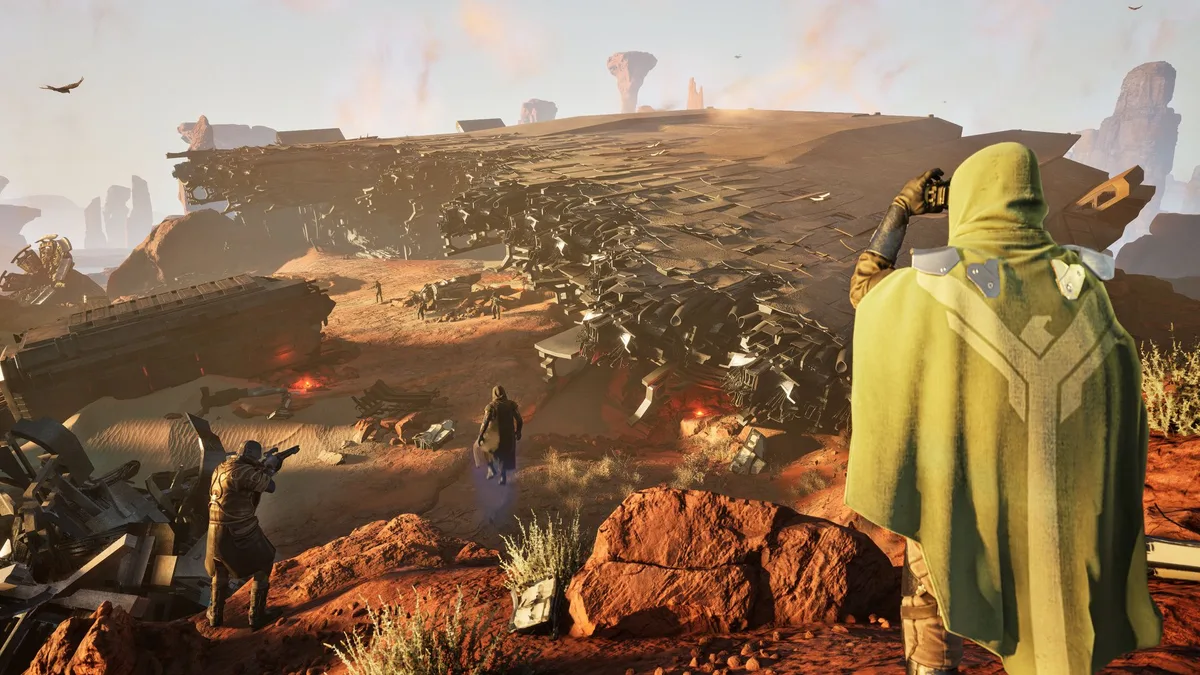 Dune: Awakening characters surveying a wrecked ship in a desert landscape