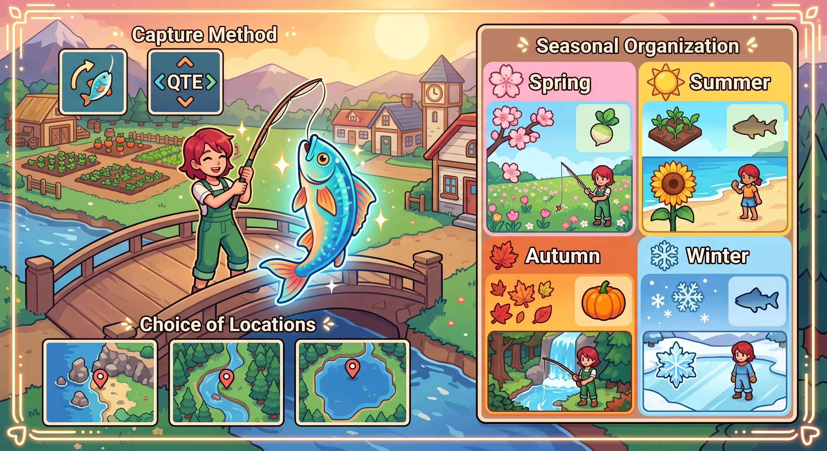 Fields of Mistria fishing guide illustration showing a farmer catching a fish beside seasonal fishing locations.
