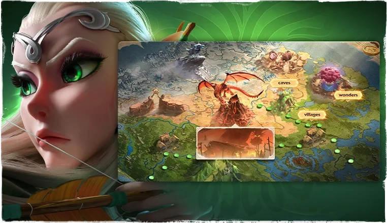 Call of Dragons fantasy strategy artwork showing a world-map scene with exploration locations.