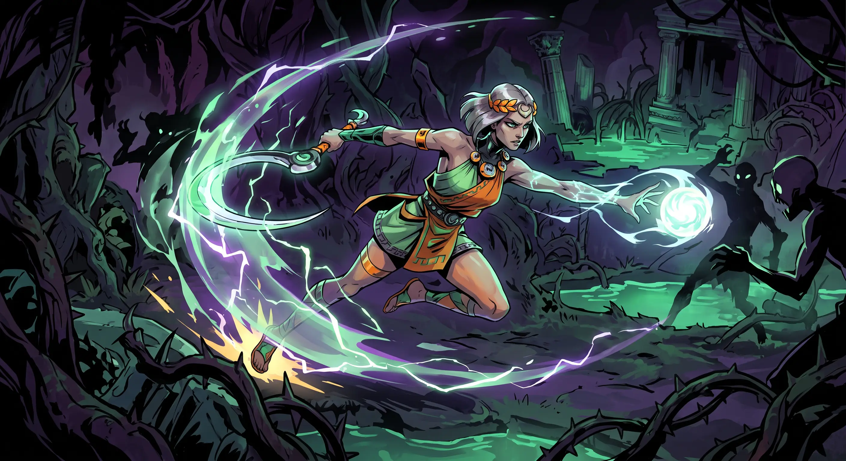 Illustration of Melinoë using a staff and magical orb against shadowy enemies; not an in-game screenshot.
