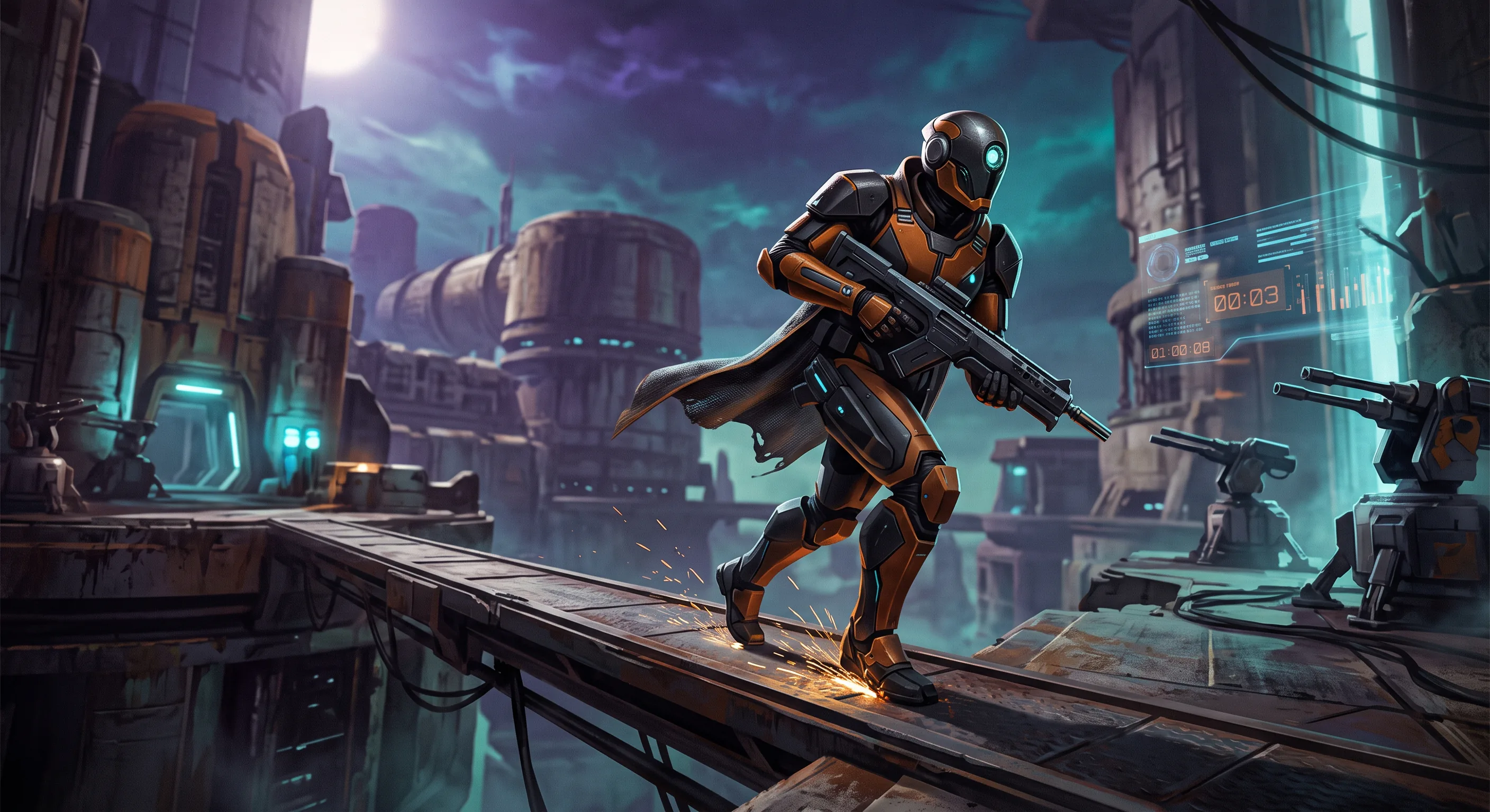 Stylized sci-fi Runner carrying a rifle across a neon industrial city