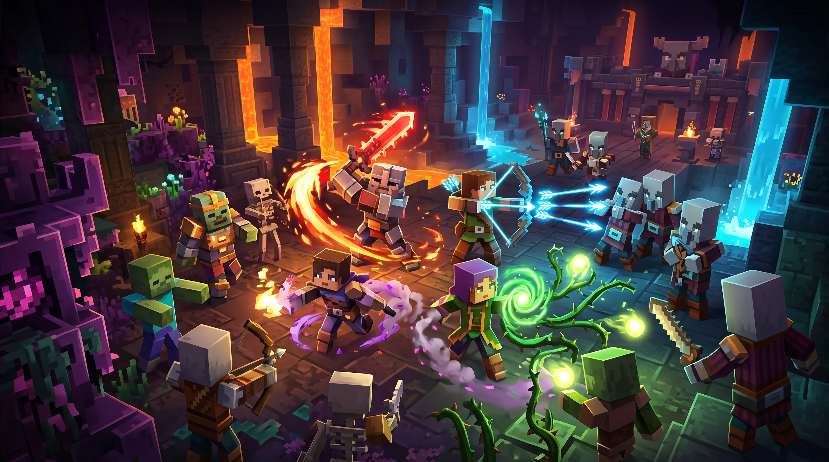 Illustration of Minecraft Dungeons II heroes fighting mobs in a lava-lit dungeon