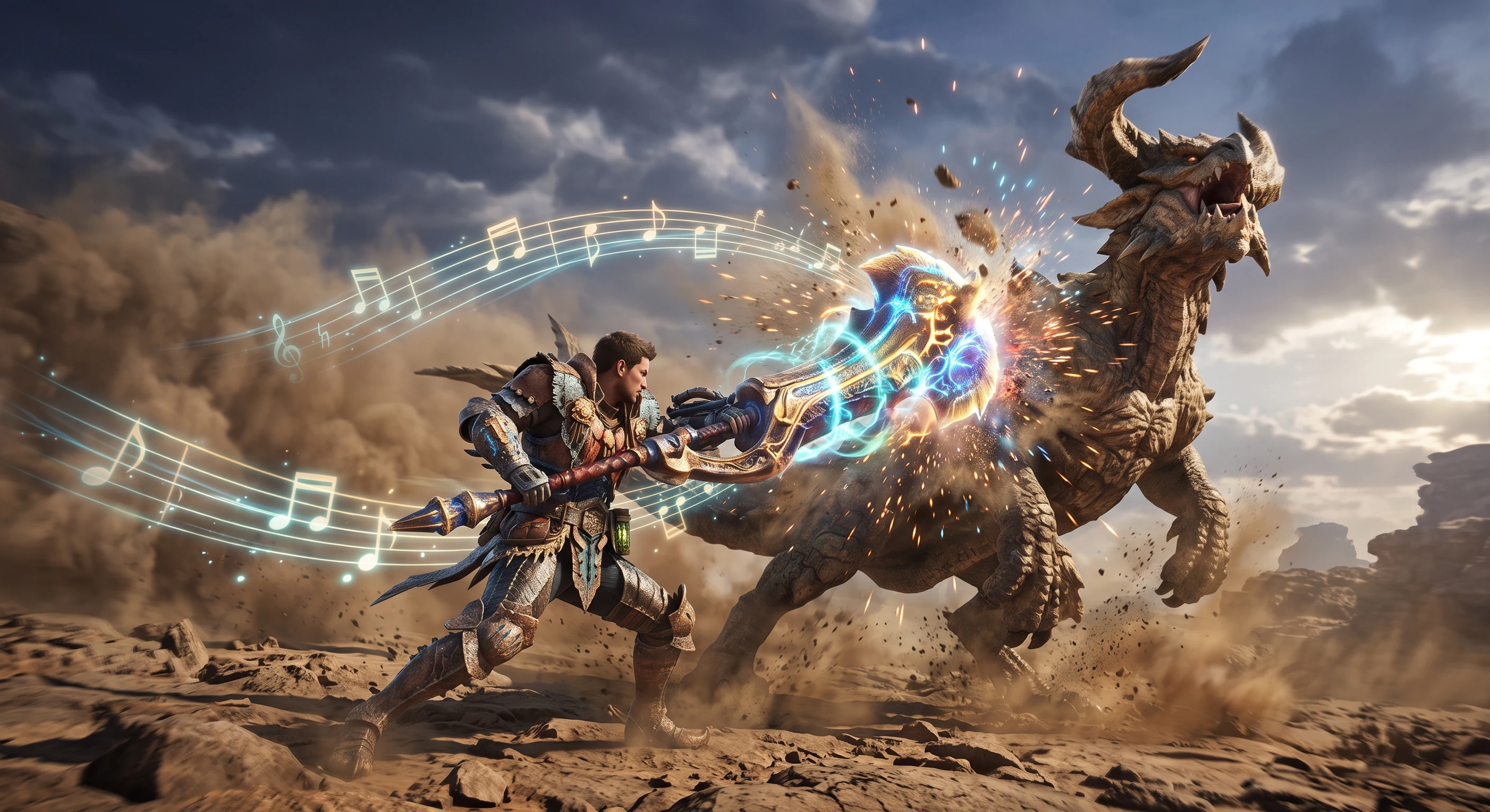 Hunter striking a monster with a glowing Hunting Horn in a desert battle