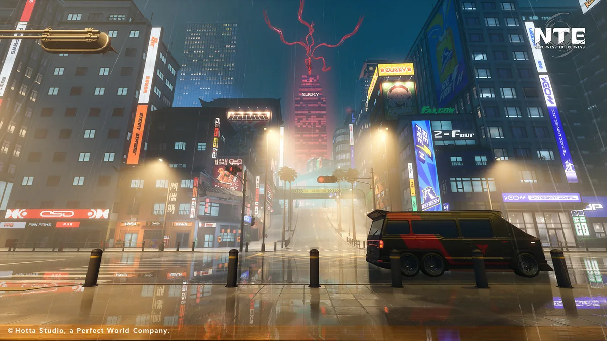 Open-world RPG landscape artwork showing a futuristic city and surrounding terrain.