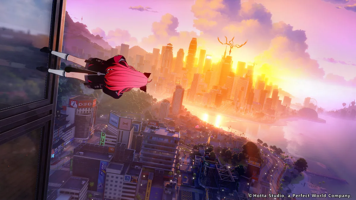 Neverness to Everness artwork showing a character gliding above Hethereau’s supernatural city skyline.
