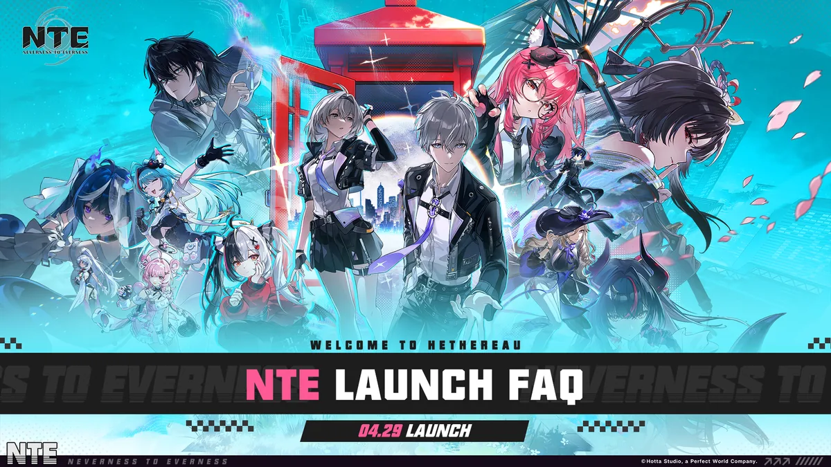 Neverness to Everness launch artwork showing the NTE cast in Hethereau.