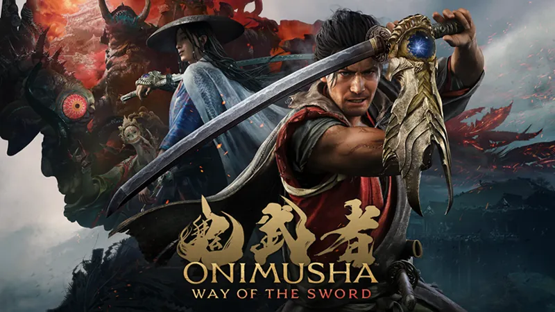 Official Onimusha: Way of the Sword key art featuring Miyamoto Musashi and other characters.