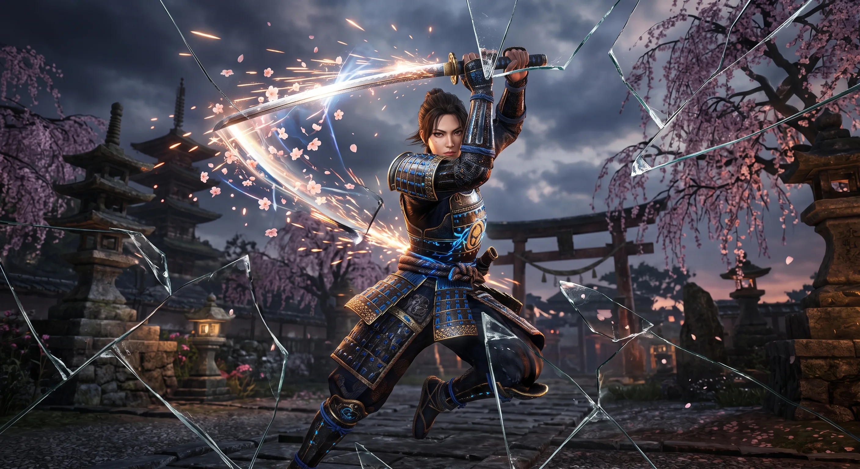 Illustrative samurai warrior wielding a sword beneath cherry blossoms; not an in-game screenshot.