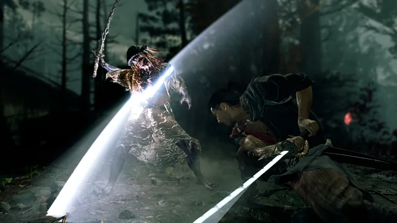 Official Onimusha: Way of the Sword screenshot showing Musashi in a sword duel with a Genma enemy.