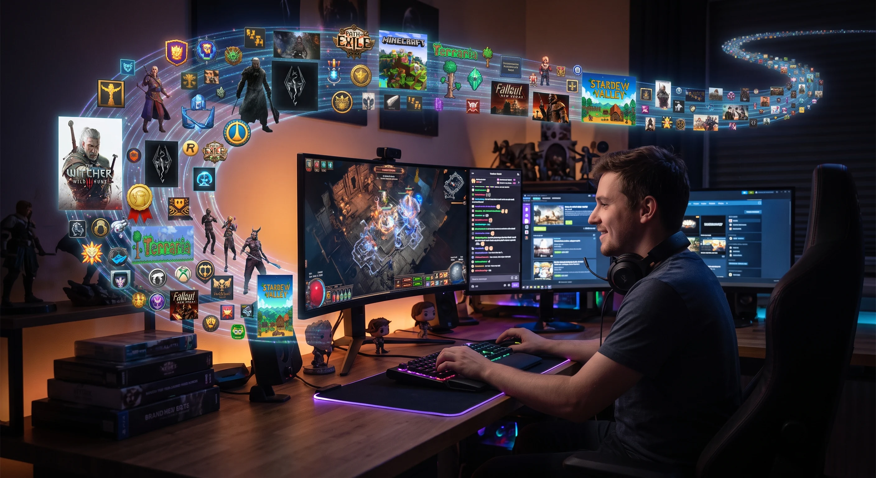 PC gamer at a desk surrounded by a wide library of games spanning modern releases and classic favorites.