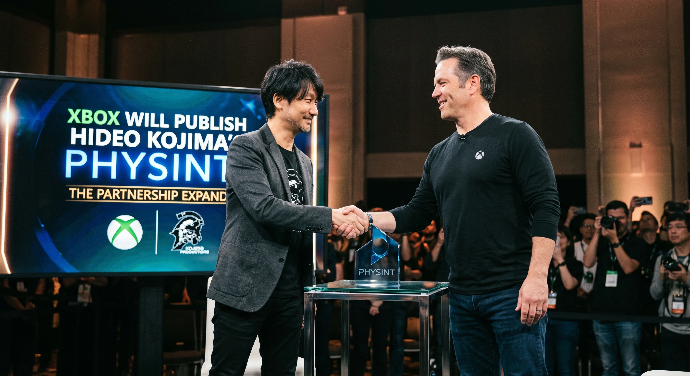 Hideo Kojima and Xbox executive shake hands at a PHYSINT partnership event