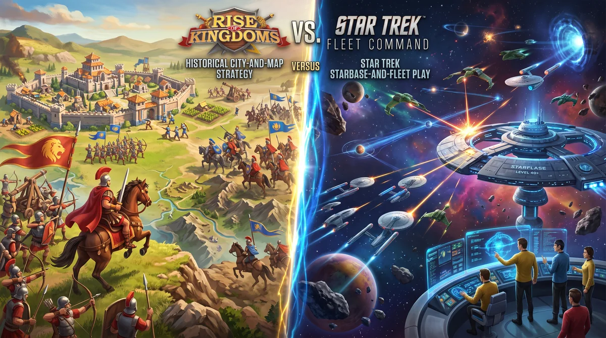 Split-screen comparison artwork showing a Rise of Kingdoms city and army scene beside Star Trek Fleet Command ships and a starbase.