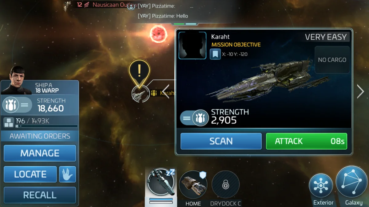 Star Trek Fleet Command starship engaging a hostile in a neutral PvE combat scene.