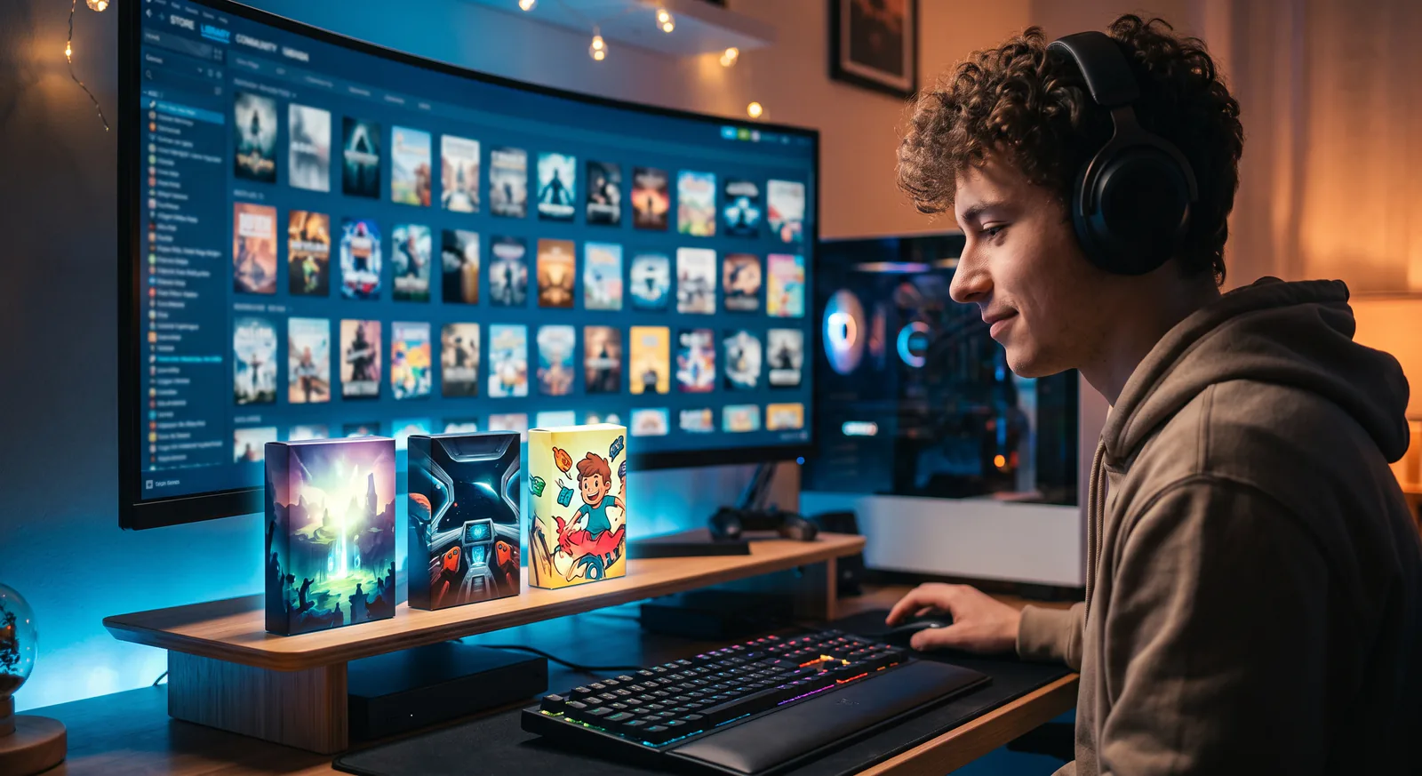 PC player browsing a game library beside three possible games to play next.