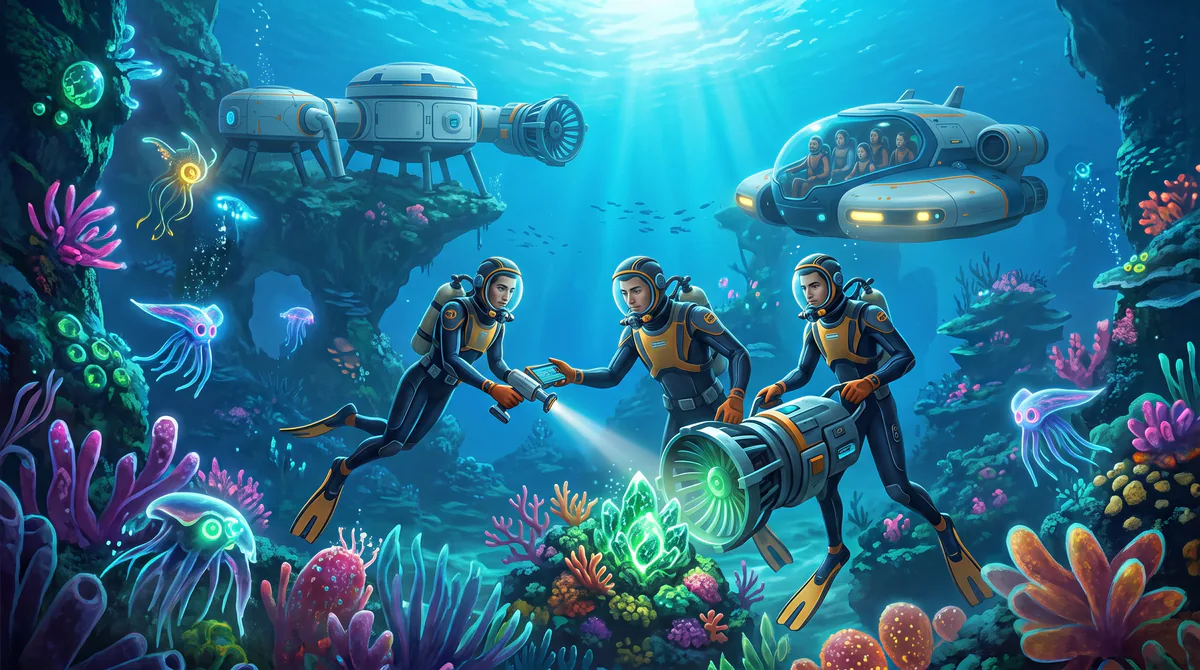 Illustration for a Subnautica 2 co-op guide showing four divers, a submersible, and an alien reef.