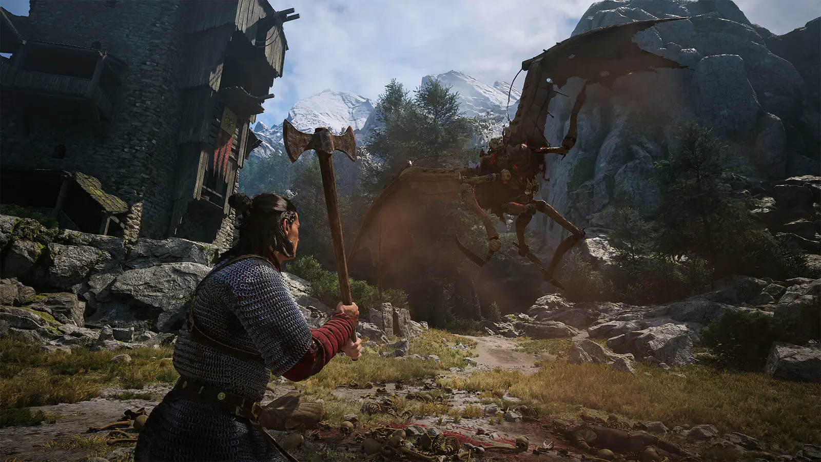 Official Steam screenshot showing Coen confronting a winged creature in a mountain settlement.
