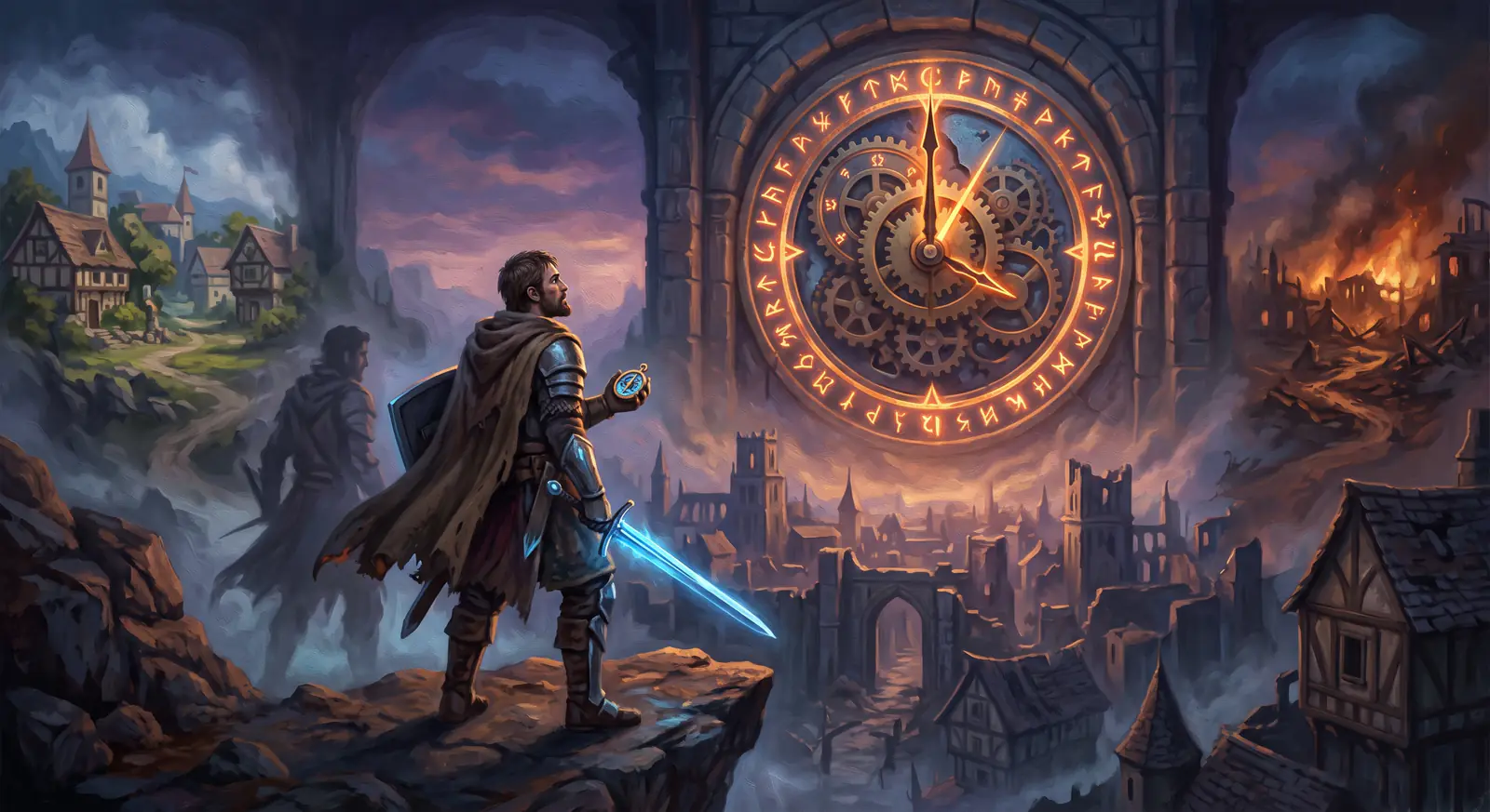Illustrative fantasy adventurer facing a glowing clock above a medieval valley; not an in-game screenshot.