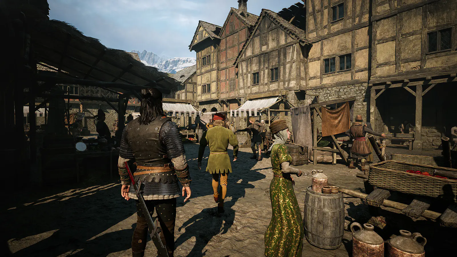 Official Steam screenshot showing Coen walking through a busy medieval market street.