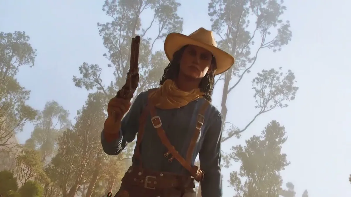 The Legend of California character in a cowboy hat holding a rifle beneath eucalyptus trees