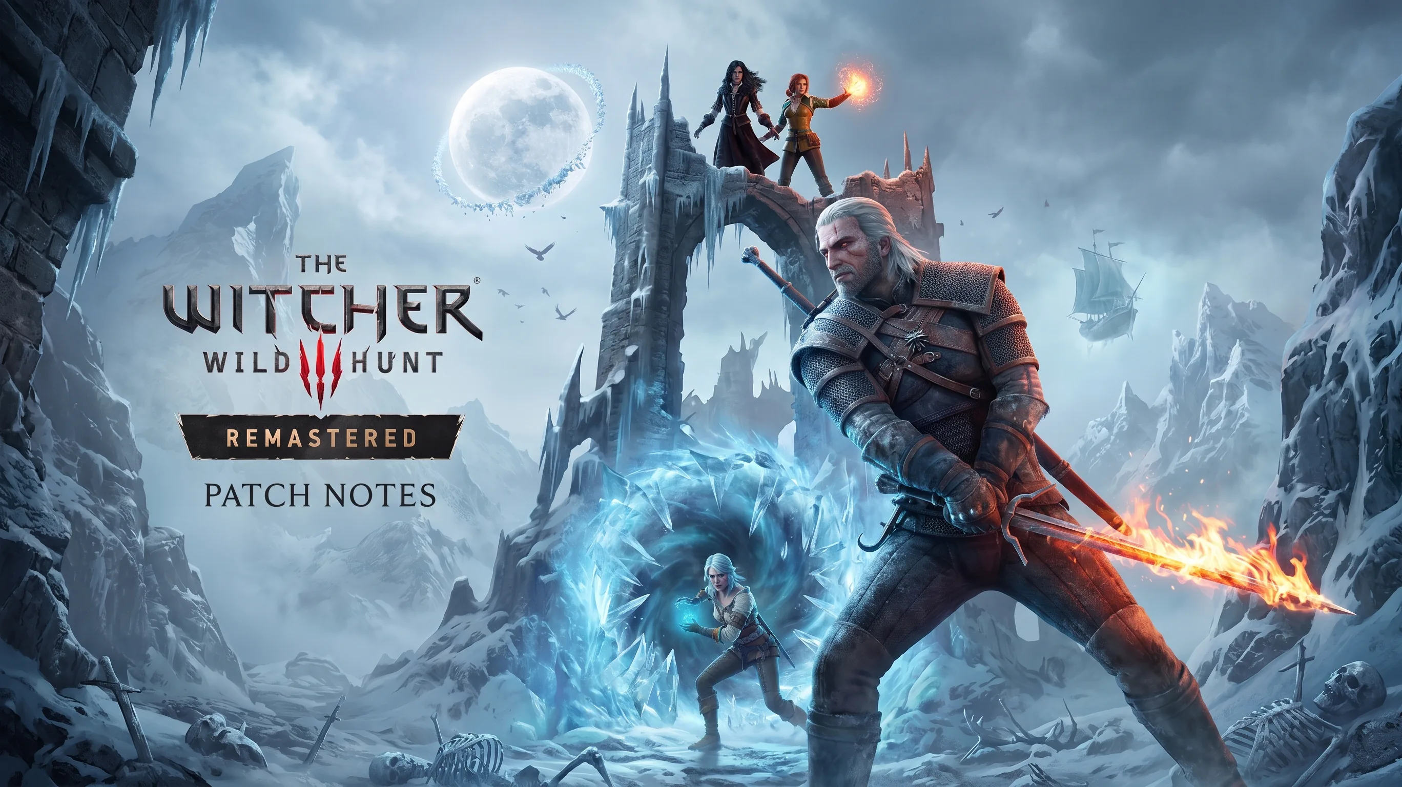 The Witcher 3 Remastered artwork showing Geralt in an icy landscape with Yennefer, Triss, and Ciri