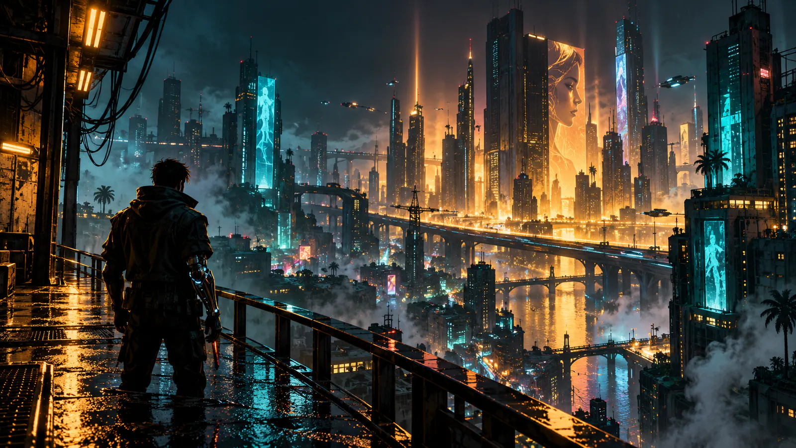Original GoldCrit illustration of a rain-soaked futuristic city skyline, with an anonymous cybernetic mercenary looking out over neon-lit streets