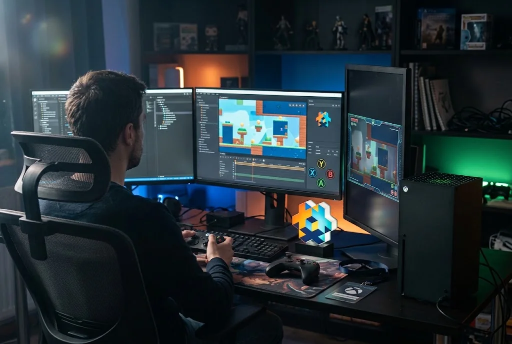 A developer tests a colorful game in Defold across multiple monitors beside Xbox hardware.
