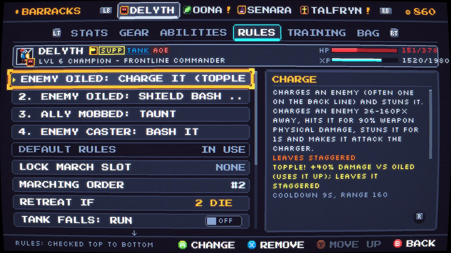 Official Doomward screenshot of the battle-rules interface, including ordered hero behaviors.