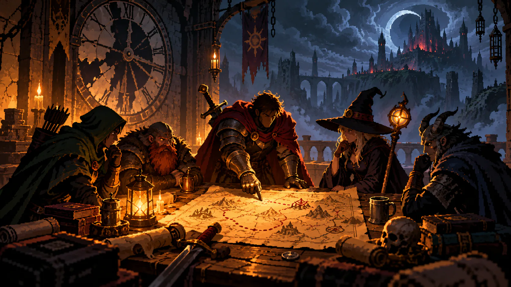 Concept illustration of a fantasy guild planning an expedition beneath a looming clock.