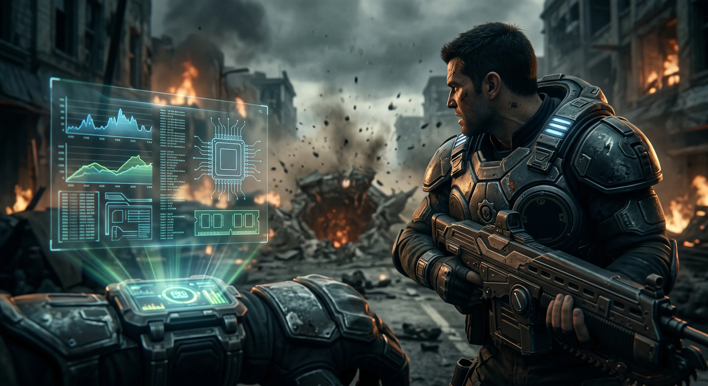 Illustration of an armored soldier beside a PC hardware display in a ruined city, representing Gears of War: E-Day PC specifications.