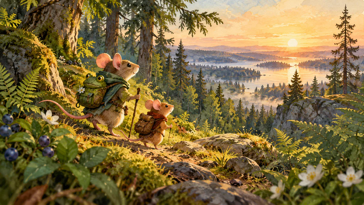 Two tiny mice explore a lush northern forest, one carrying a frog-shaped magical backpack