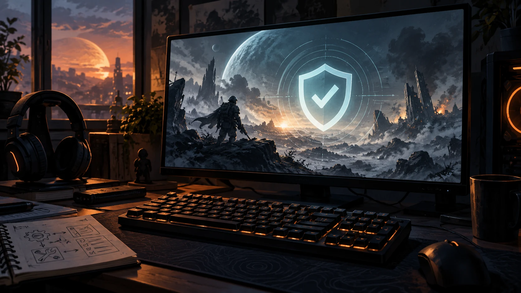 Illustration of a PC monitor showing a generic sci-fi battlefield with a shield icon.
