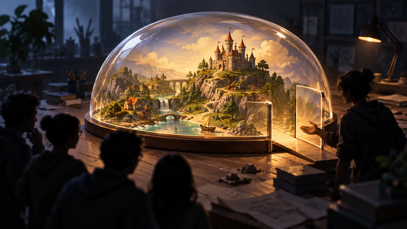 Concept illustration of a miniature fantasy game world under a clear canopy as a small group looks on.