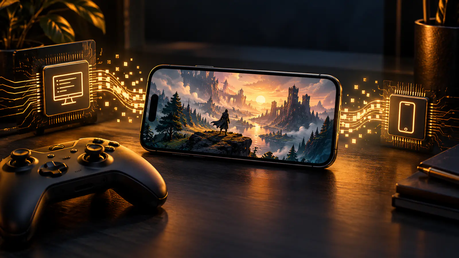 Original GoldCrit editorial illustration, not a PlayPort screenshot: an iPhone showing an abstract PC game scene beside a controller