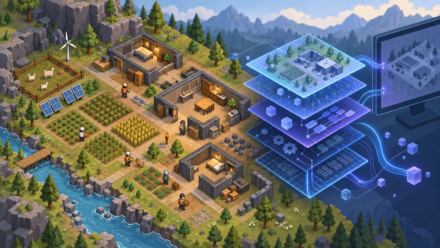 A stylized tile-based RimWorld colony beside layered blue and violet engine architecture, representing the Waylith engine update.