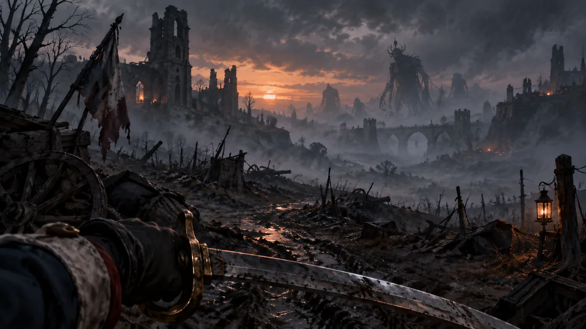 Concept illustration of a soldier's sabre overlooking a foggy, supernatural Napoleonic battlefield; not a Valor Mortis screenshot.